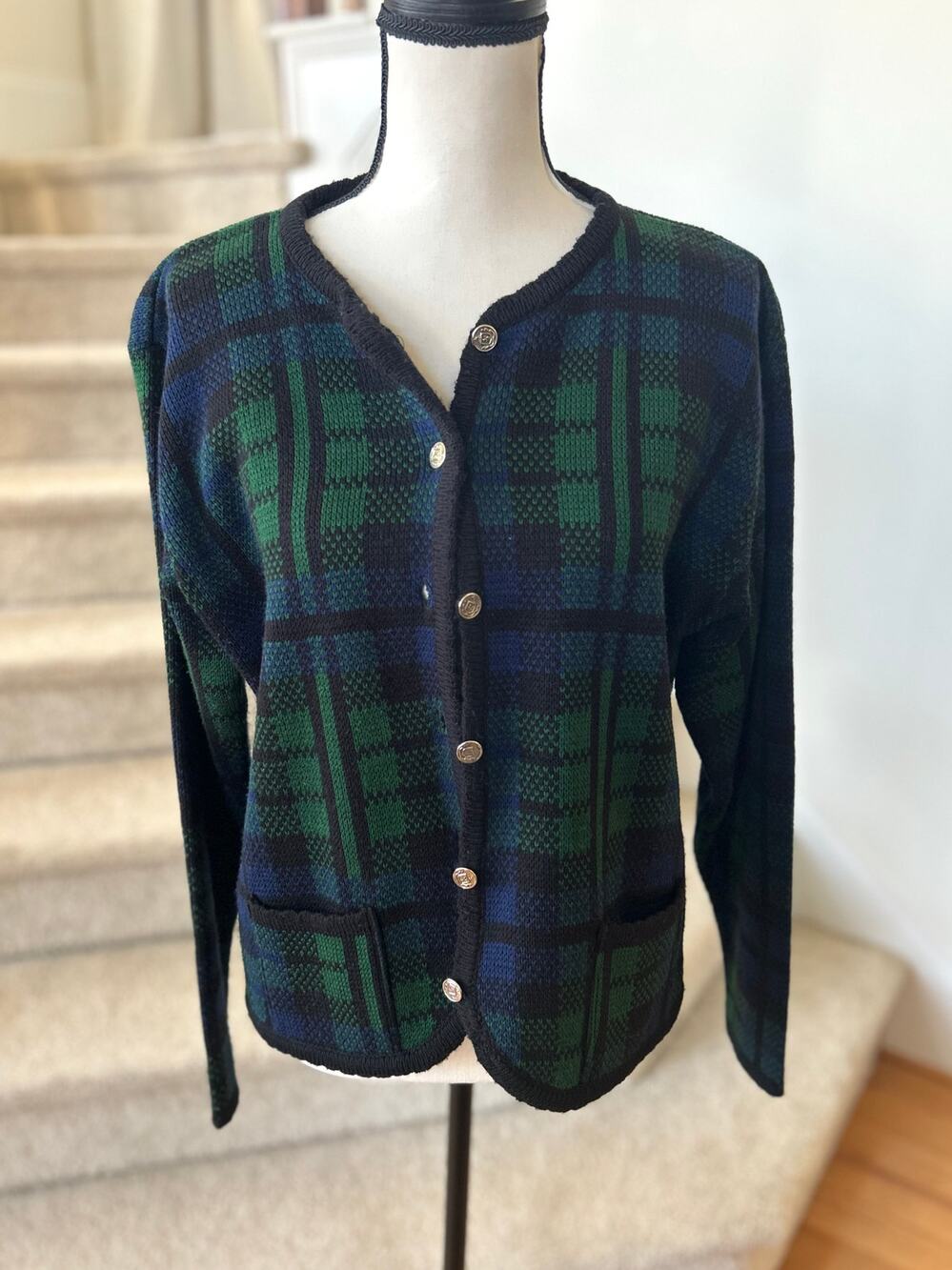 Vintage Tally Ho Green Navy Black Blackwatch Tartan Plaid Cardigan